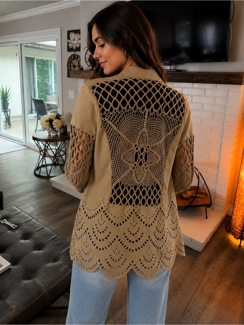SKY Women’s Small Beige Boho Crochet Lace Open Front Cardigan Jacket - Picture 2 of 7